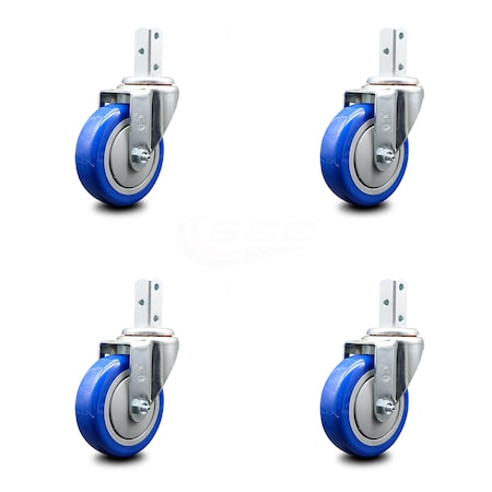 Service Caster 4 Inch Blue Polyurethane Wheel Swivel 3/4 Inch Square Stem Caster Set SCC SCC-SQ20S414-PPUB-BLUE-34-4